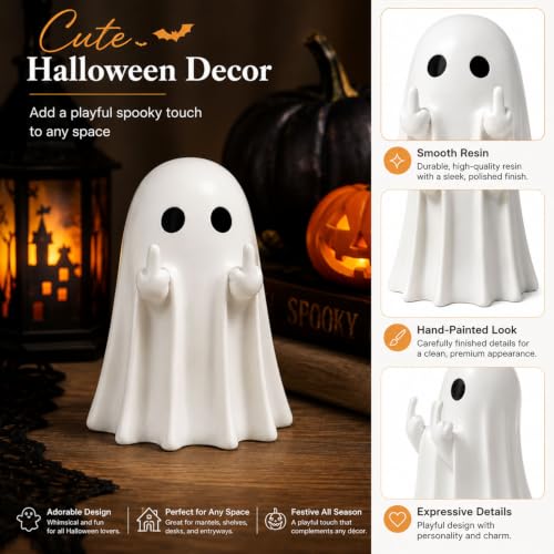 Halloween Ghost Figurines Set - White Indoor Decor with Humorous Middle Finger Design - 2 Pcs