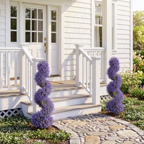 3ft Artificial Topiary Spiral Tree with Lavender Set of 2 - Outdoor Faux Bushes