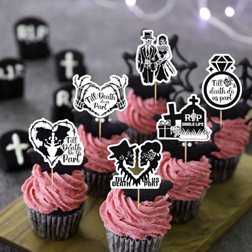 Black Halloween Bride or Die Cupcake Toppers 24Pcs Bachelorette Party Decorations