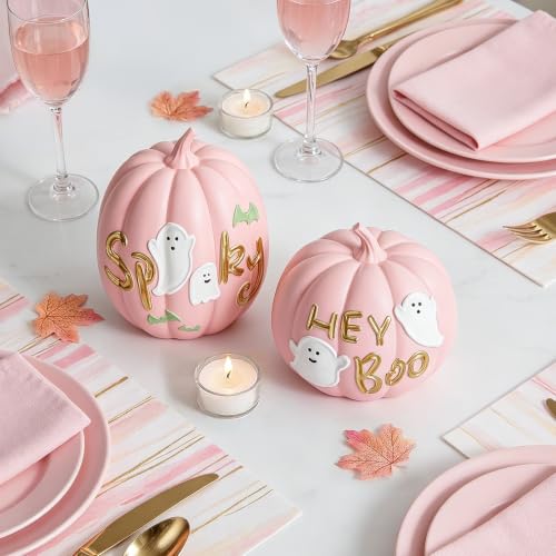 Pink Halloween Pumpkin Decor Set with Ghost and Bat - Fall & Spooky Table Centerpieces - WDS WONDROUS