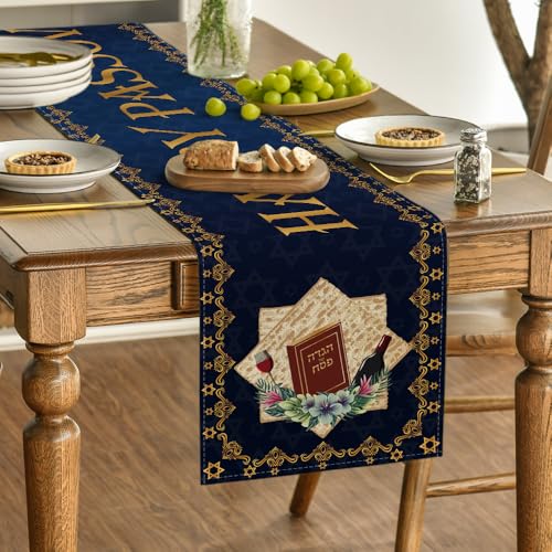 Blue Pesach Star of David Table Runner 13x72 Inch - Passover Holiday Decor