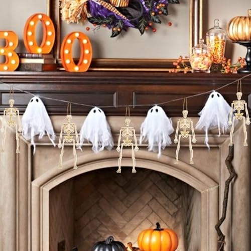 Mini Skeleton Figurines Set - 8 Plastic Halloween Decorations with Jute Rope