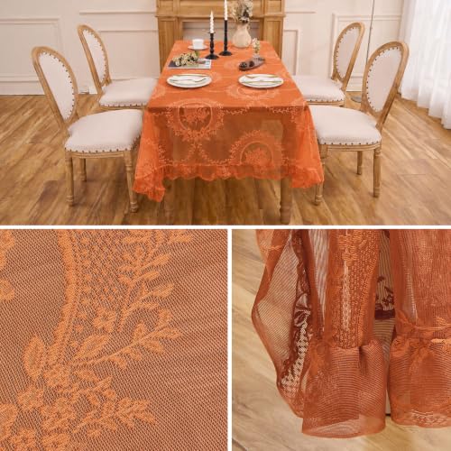 Fall Orange Lace Tablecloth - Vintage Rectangular 55x70 Inches with Ruffled Edge - Raedan