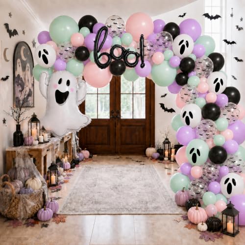 Halloween Balloon Garland Arch Kit with 3D Bat Stickers and Ghost Balloons - Black Green Purple Pink Variation