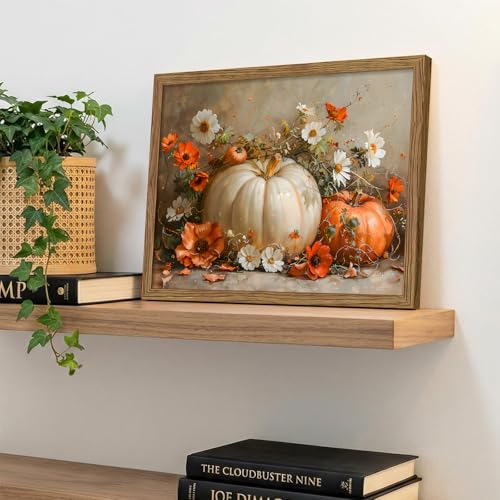 Golden Pumpkin Wall Art - Fall Canvas Framed Art 16x12 Inches - Rustic Pumpkin Decor