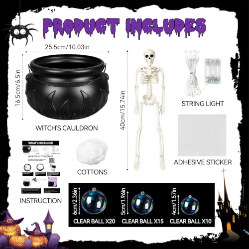 Halloween Bubble Cauldron Set with Skeleton and LED Lights - Indoor Spooky Decor