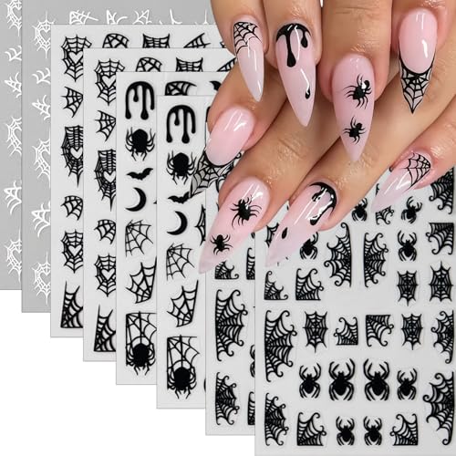 Halloween Spider Web Nail Art Stickers - Self-Adhesive 3D Decals for Nails - Black & White Spider Web Design - 8 Sheets - Variation: Spider Web
