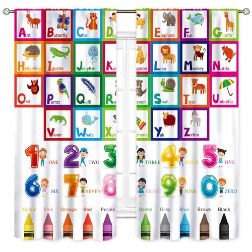 Kids Classroom Alphabet Curtains Set - 2 Panels 31.5"W x 63"L, Educational Animal Theme, Colorful Back to School Window Drapery, Variation: Classroom-03