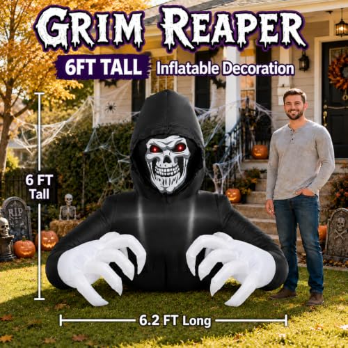 Inflatable Halloween Grim Reaper Decoration - 6FT Giant Scary Ghost with LED Lights
