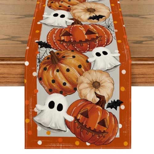 Halloween Table Runner 13x72 Inch Orange Beige Durable Polyester Home Decor
