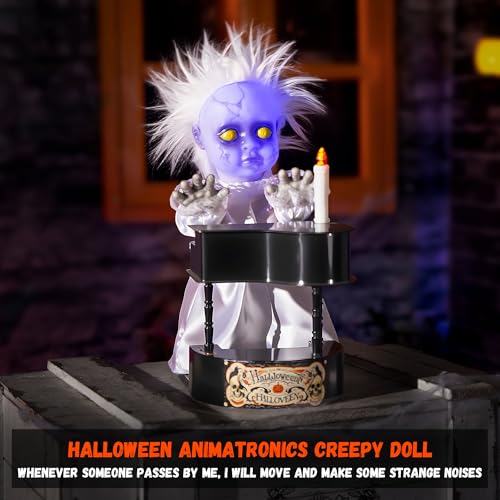 Halloween Animatronic Decor - Creepy Doll with Piano, Light Up Face & Sound Activation - 13.7'' Haunted House Prop - Variation: Animated Piano-Playing Doll
