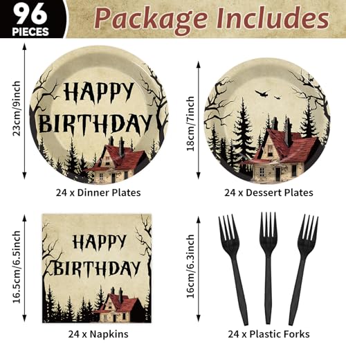 96pcs Halloween Birthday Plates and Napkins Set - Retro Scary House Variation
