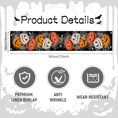 Halloween Linen Table Runner 72x13 Inches Spooky Pumpkin & Web Design