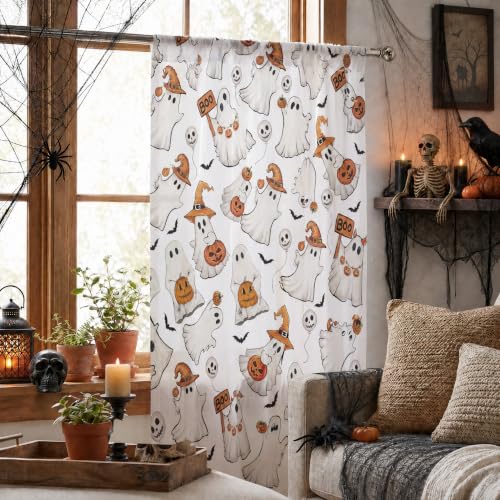 2Pcs White Sheer Curtains for Window 52x96 Inch - Bat Ghost Pumpkin Halloween Decor