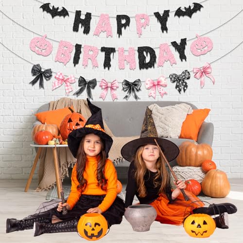 Pink Halloween Decorations Banner with Glitter Bow - Spooky Birthday Party Decor for Girl - Bow Boo Variation