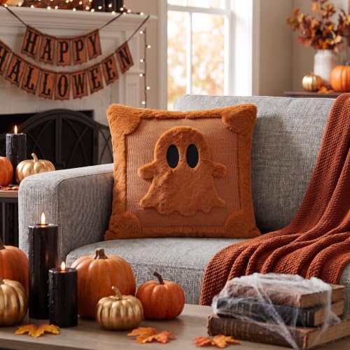 Halloween Ghost Caramel Throw Pillow Covers 18x18 Inch Set of 2 - Spooky Plush Faux Fur Decor