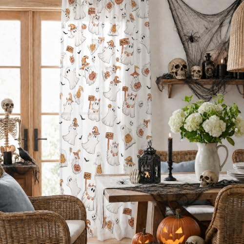 2Pcs White Sheer Curtains for Window 52x96 Inch - Bat Ghost Pumpkin Halloween Decor