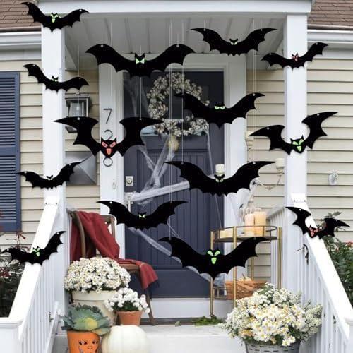 Halloween Bat Decorations 12 Pack Hanging Bats with Glowing Eyes - Indoor Outdoor Decor