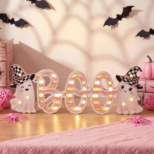 Pink Halloween LED Wooden Sign - Ghost Design, Rustic Home Decor, 3x4 Inches - Variation: Pink Ghost