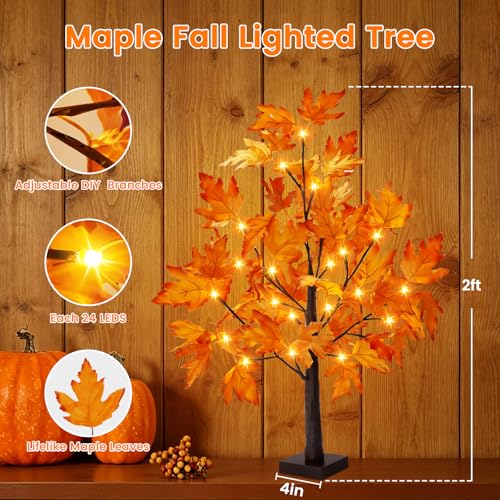 1 Pack 2FT Lighted Maple Tree for Fall Home Decor - Artificial Indoor Tree with LED Lights
