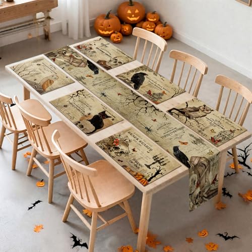 Gothic Halloween Placemats with Runner Set - Spooky Forest Skull Bat Table Decor