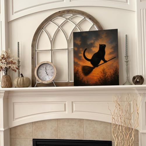 Halloween Wall Art Framed Canvas Print Black Cat Broom - Variation of THIS listing