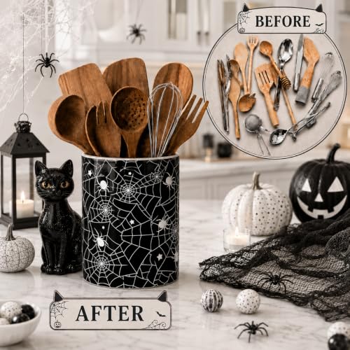 Halloween Utensil Holder - Black Spider Web Ceramic Kitchen Organizer - 6 Inch