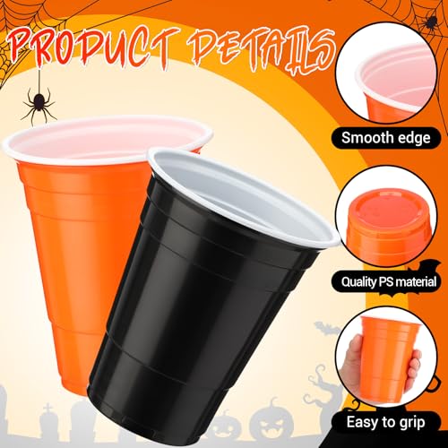 Halloween Plastic Cups 16oz - 50 Pack Disposable Black & Orange Party Cups
