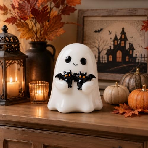 Halloween Ghost Figurine with Bats - Glossy White Spooky Decor, Bat Ghost Variation
