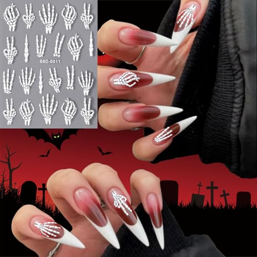 Halloween Skeleton Nail Stickers - 6 Sheets 5D Embossed Skull Decals for Manicure