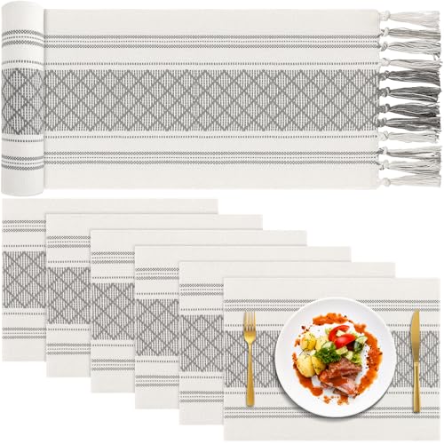 ADRIMER Boho Table Runner & Placemats Set of 6 - Grey & White, Rectangular, 72 Inch