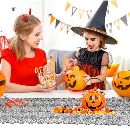 Halloween Lace Spider Web Table Runner 2 Pack 18x72 Inch Black Gothic Decor