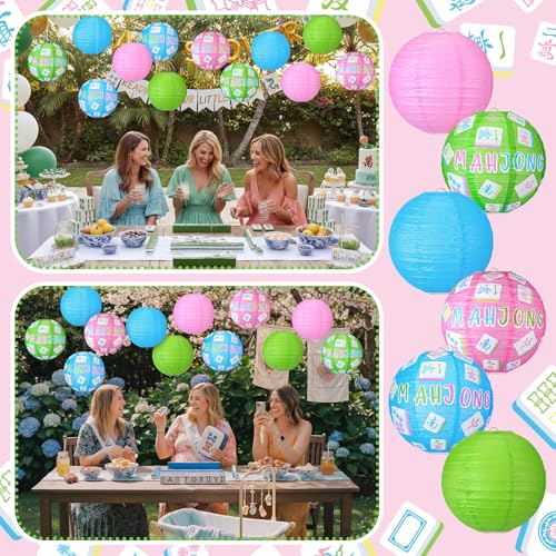 Panelee Mahjong Party Decorations - 12 Hanging Paper Lanterns - Mahjong Theme Variation