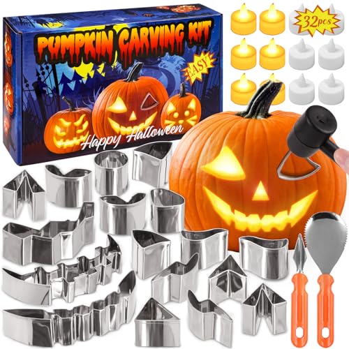 Kids Pumpkin Carving Kit with Stencils LED Candle Lights Halloween Decorations