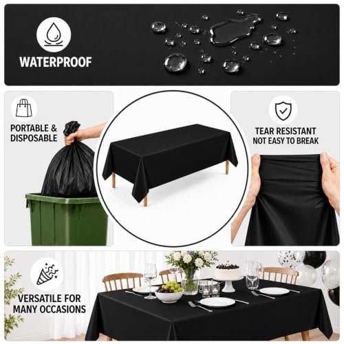 Black Plastic Tablecloths 54 x 108 Inch - 6 Pack, Disposable, Rectangular Cover - Black Variation