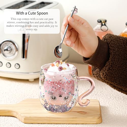 Glittery Pink Cat Mug - Double Walled Glass Coffee Latte Cup for Cat Lovers