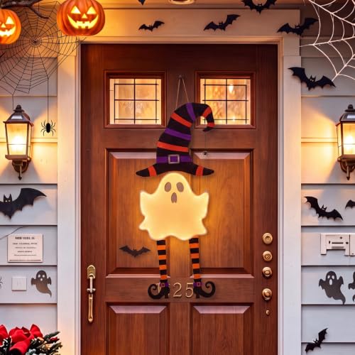 Halloween Ghost Light Up Door Sign Wooden Large Size - Spooky Door Hanger with Lamp