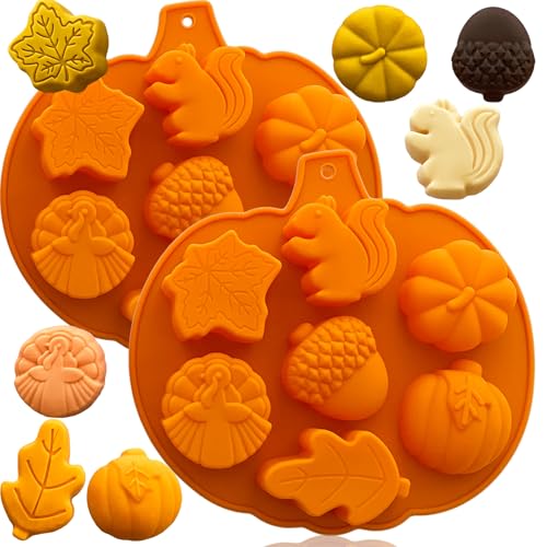 Thanksgiving Fall Silicone Mold Set - Amber Yellow Pumpkin Acorn Maple Leaf Squirrel Candy & Chocolate Mold