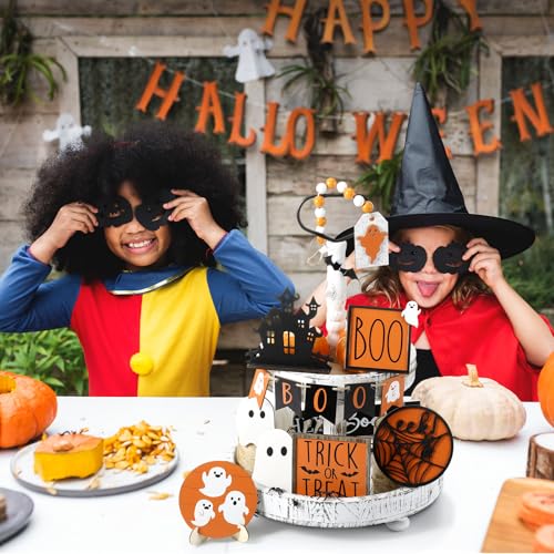 Umigy 15-Piece Halloween Tiered Tray Decor Set - Orange Ghost Wooden Signs Boo