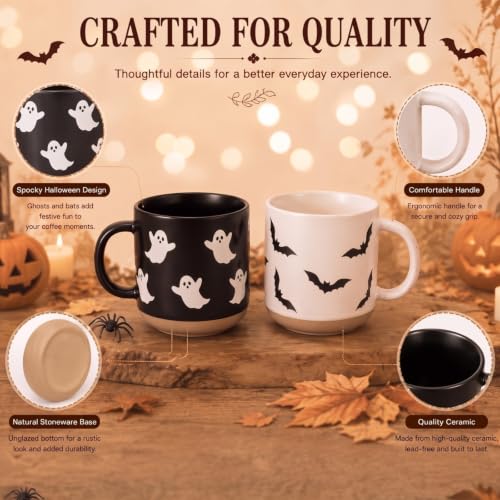 Halloween Ghost Coffee Mugs Set - 14 oz Ceramic Ghost & Bat Pattern, 2 Pack