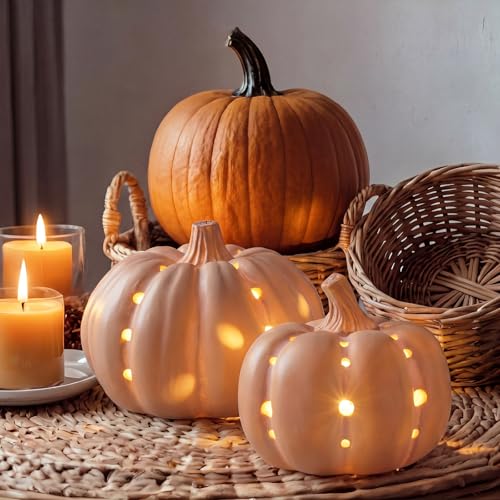 Set of 2 LED Terracotta Pumpkin Lanterns for Fall & Halloween Decor