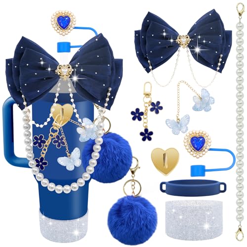 Navy Blue Bling Stanley Cup Accessories Set for 20/30/40 oz Tumblers with Handle & Glitter Bow