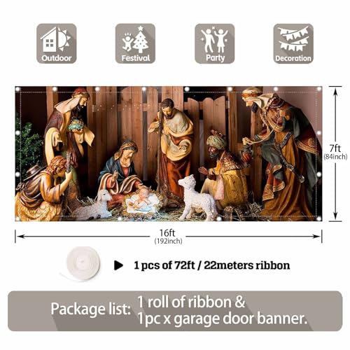 Christmas Nativity Garage Door Banner Decoration 16x7ft - Festive Holiday Outdoor Decor