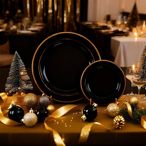 FLOWERCAT 100PCS Black and Gold Disposable Plates Set - Heavy Duty Dinner & Dessert Plates Variation of THIS listing