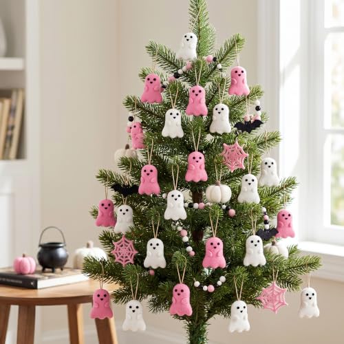 C Style 24 Pcs Halloween Ghost Hanging Ornaments for Tree & Decor - Pink & White