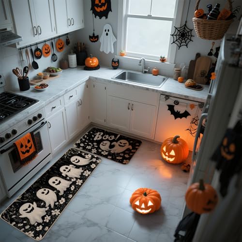 Halloween Ghost Kitchen Rugs Set of 2 - Black, 17x29 & 17x47 Inch