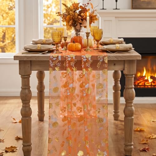 6-Pack Fall Gauze Table Runners 28x120 Inch with Metallic Foil Leaves - Orange Gold
