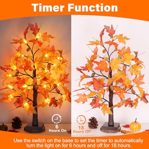 Huyamap 2 Pack 24-Inch Fall Maple Tree Lights with Pumpkin Acorns & Lampshades, Indoor Thanksgiving Decor - Style 2