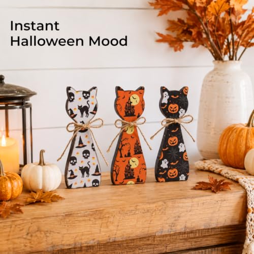 Halloween Cat Figurines Set - Black & White Rustic Wooden Decor for Tiered Tray, Mantle & Shelf
