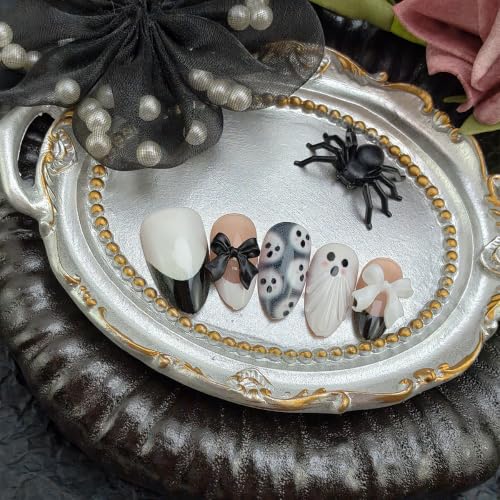Halloween Ghost Nails - 30Pcs Medium French Tip Fake Nails with 3D Bow - Variation of THIS listing